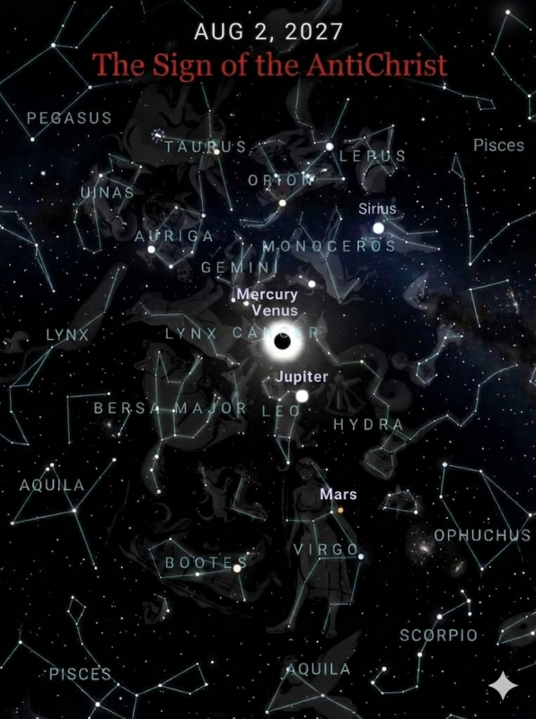 Constellation map showing Aug 2, 2027 eclipse with planetary alignments